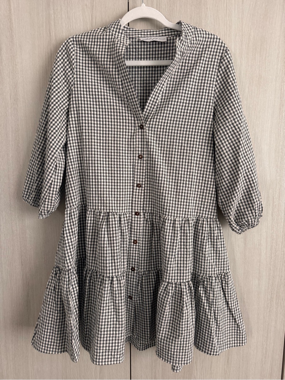 Petal & Pup Black and White Gingham Long Sleeve Tiered Dress Sz S/M